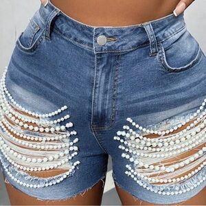 SHEIN Blue High-Rise Distressed Pearl-Embellished Denim Shorts